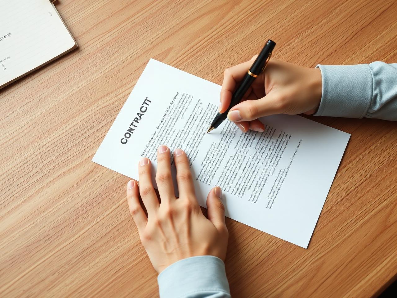 Hand signing a contract on a desk